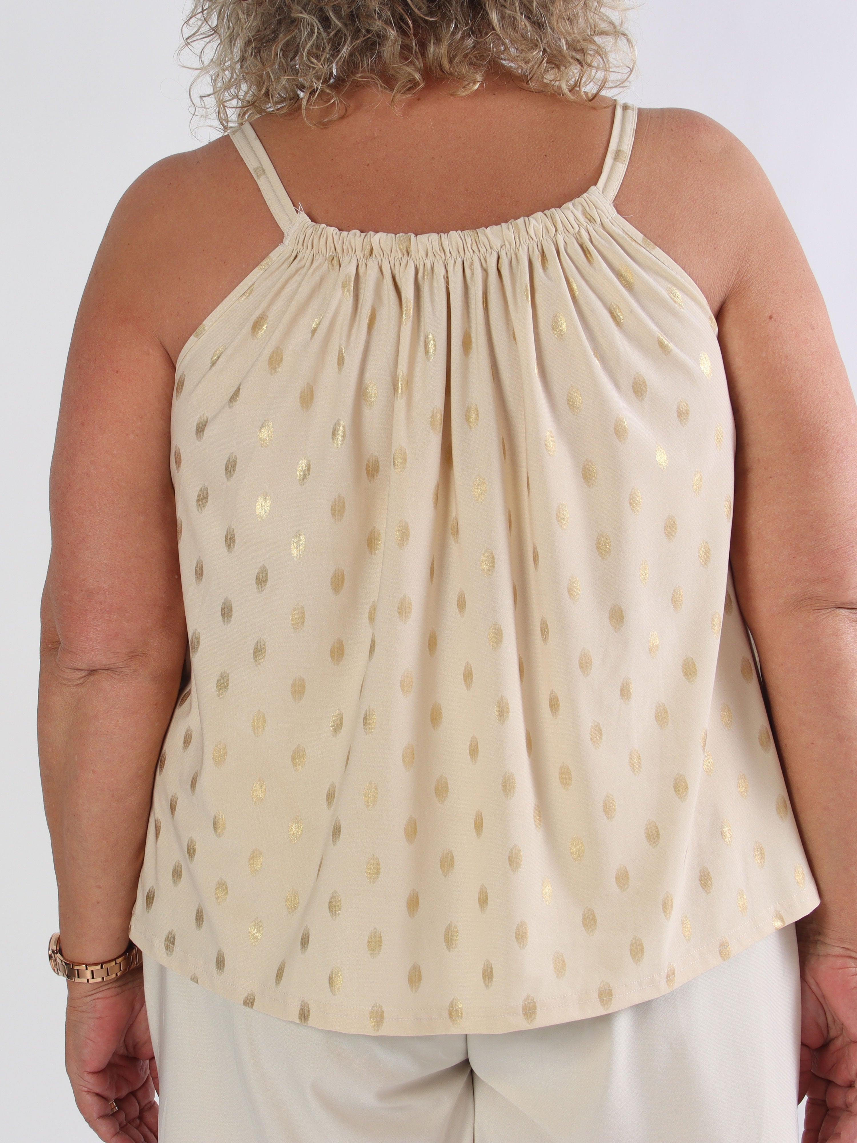 Sunlove Dot Top - Elastisk plus size-topp med band och guldprickar